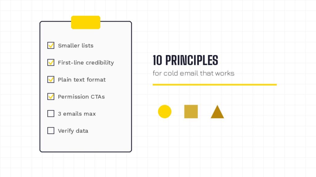 Checklist graphic showing 10 principles for effective cold email outreach in 2026 including smaller lists, first-line credibility, plain text emails and permission-based CTAs
