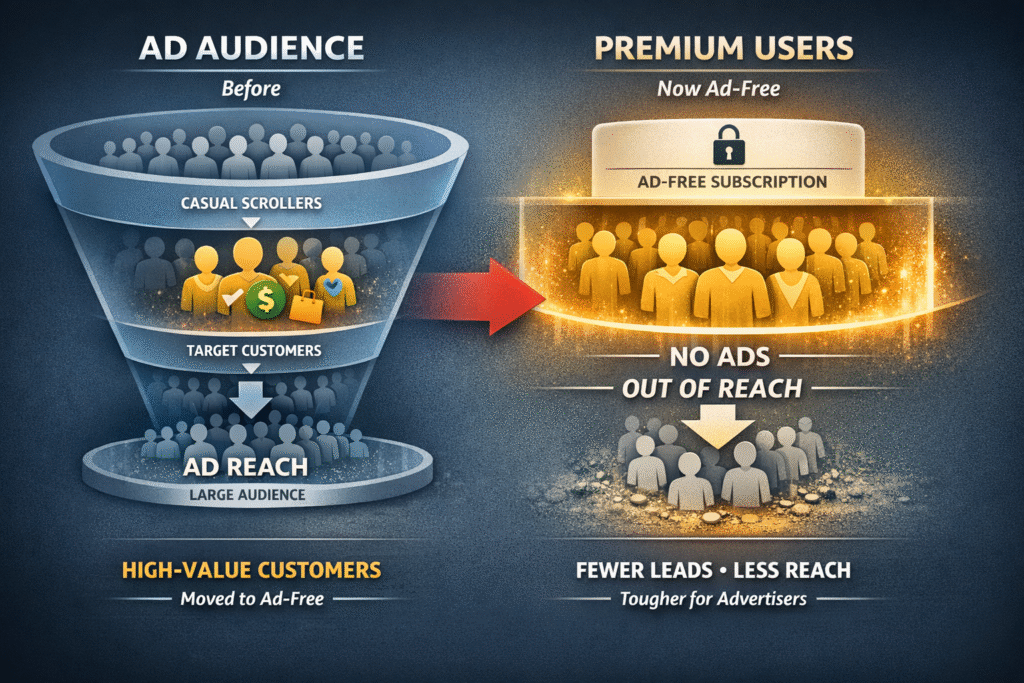 Infographic showing Instagram ad audience shrinking as premium users move to ad-free subscriptions, reducing ad reach for advertisers