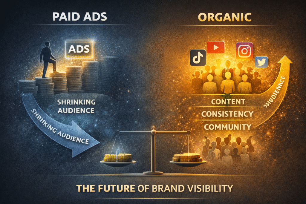 Comparison graphic showing shrinking paid ads reach versus growing organic social media marketing through content, consistency, and community